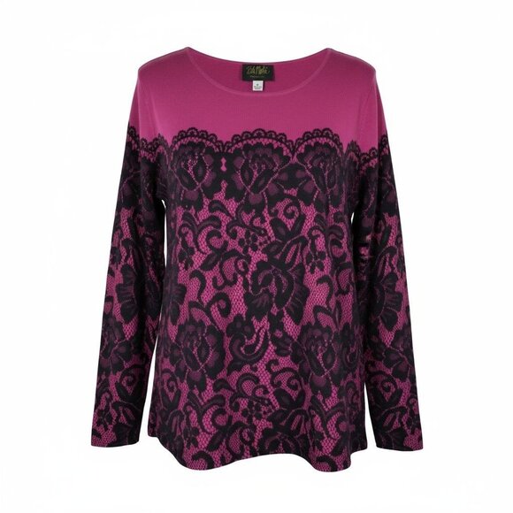 BOB MACKIE Long Sleeve Lace Print Pullover Sweater Pink Black Size XL - Picture 1 of 6